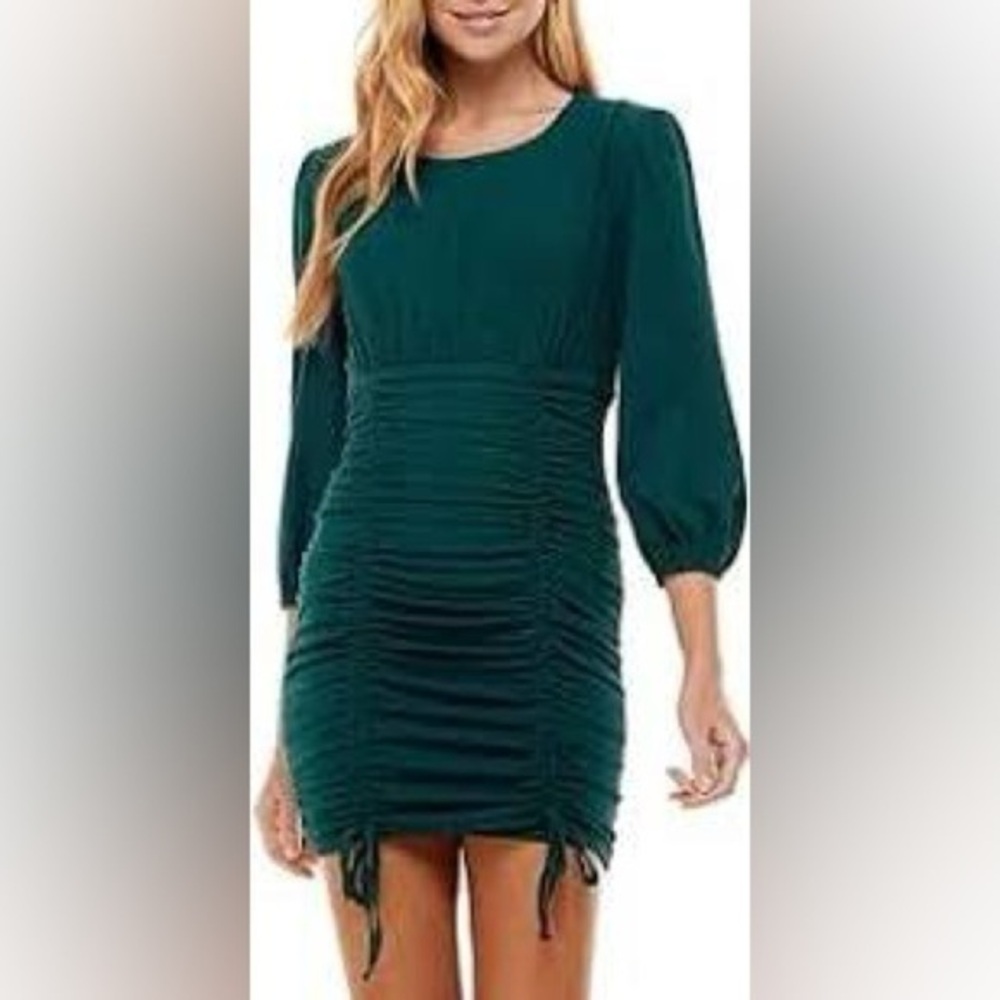 City Studio Women’s Green Ruched Tie Blouson Sleeve Short Party Dress Juniors 3
